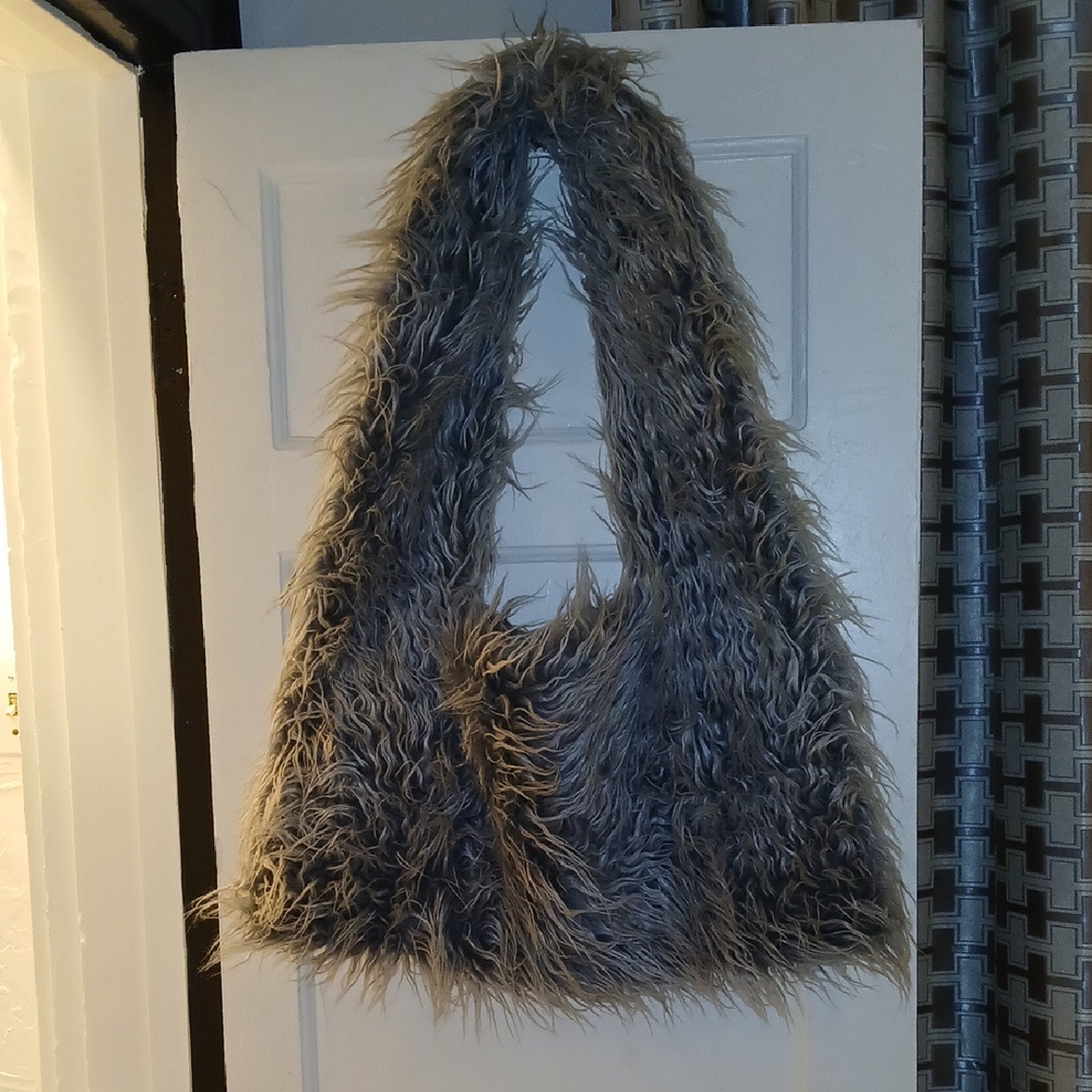 Gray Furry Crossbody Bag with A-Line Shape